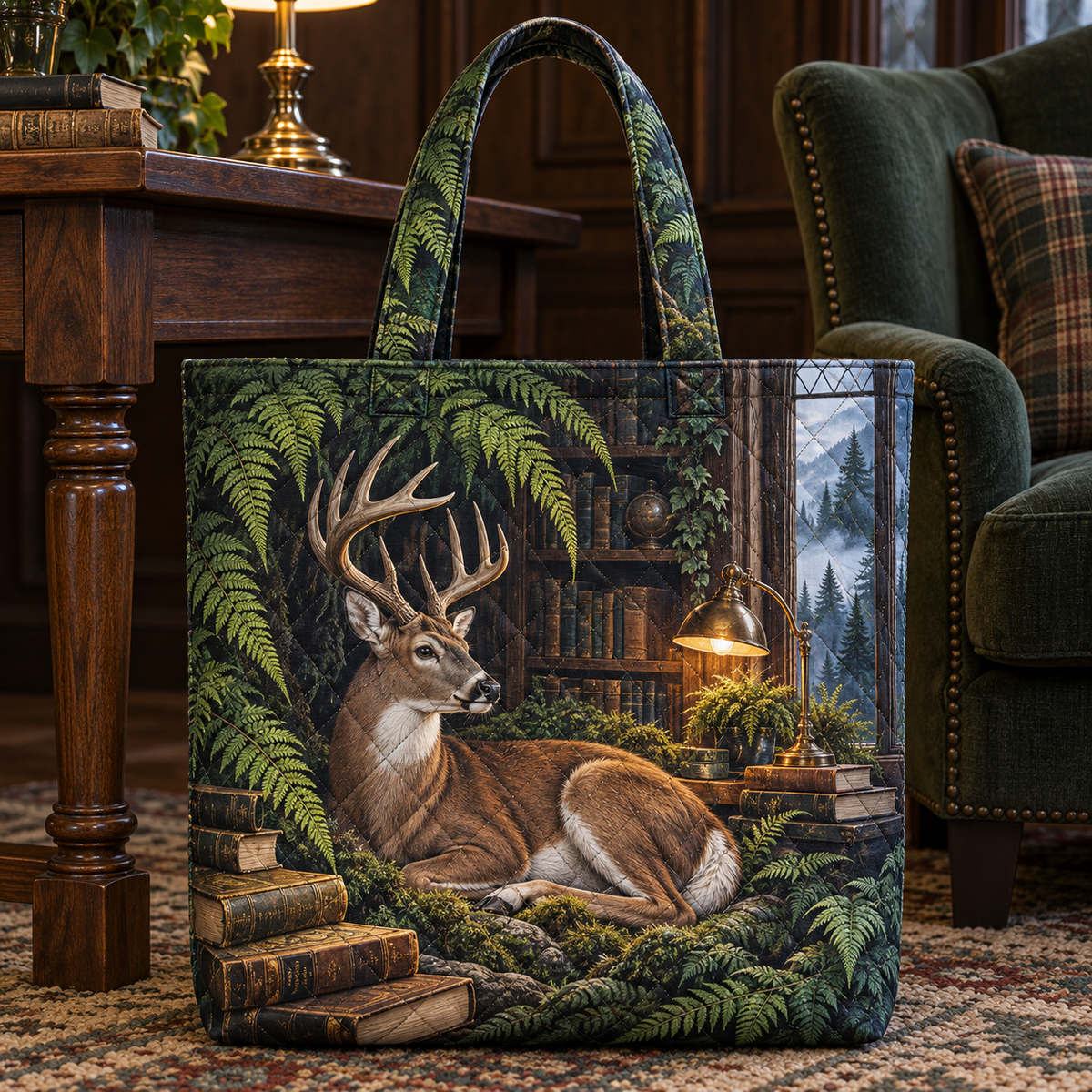 Fernlight Deer Reading Nook Quilted Tote Bag with printed optical 3D artwork in its use setting