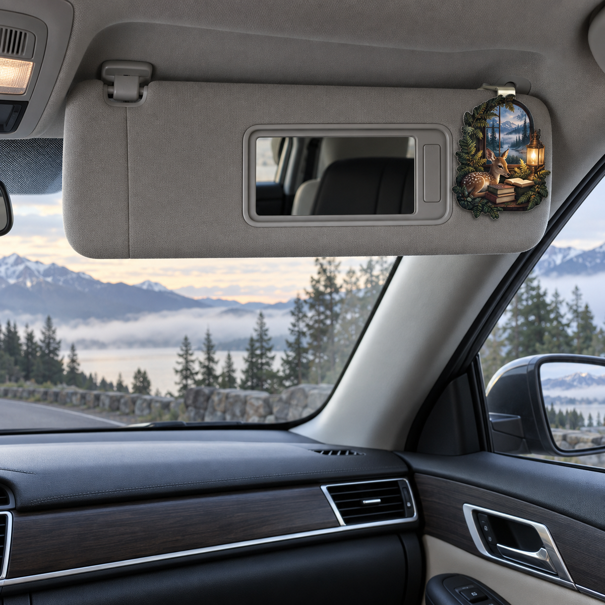 Fernlight Deer Reading Nook Holographic Car Visor Clip with printed optical 3D artwork in its use setting