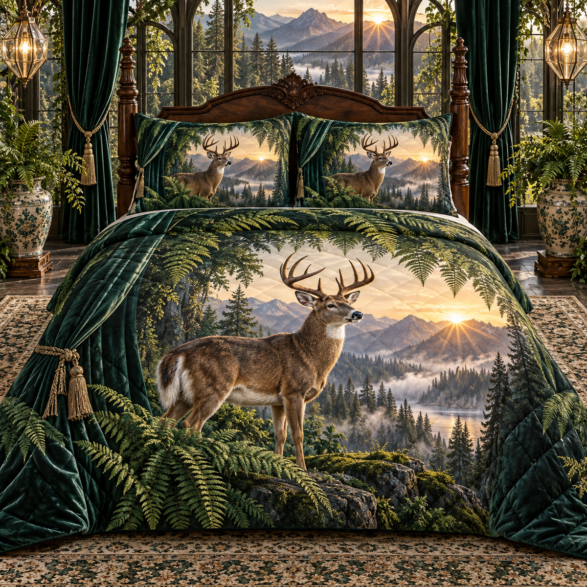 Emerald Deer Canopy Suite Quilted Bedding Set with printed optical 3D artwork in its use setting
