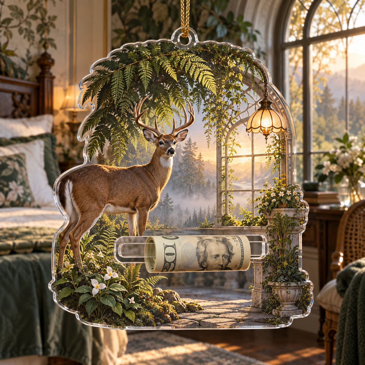 Emerald Deer Canopy Suite Acrylic Cash Holder Ornament with printed optical 3D artwork in its use setting