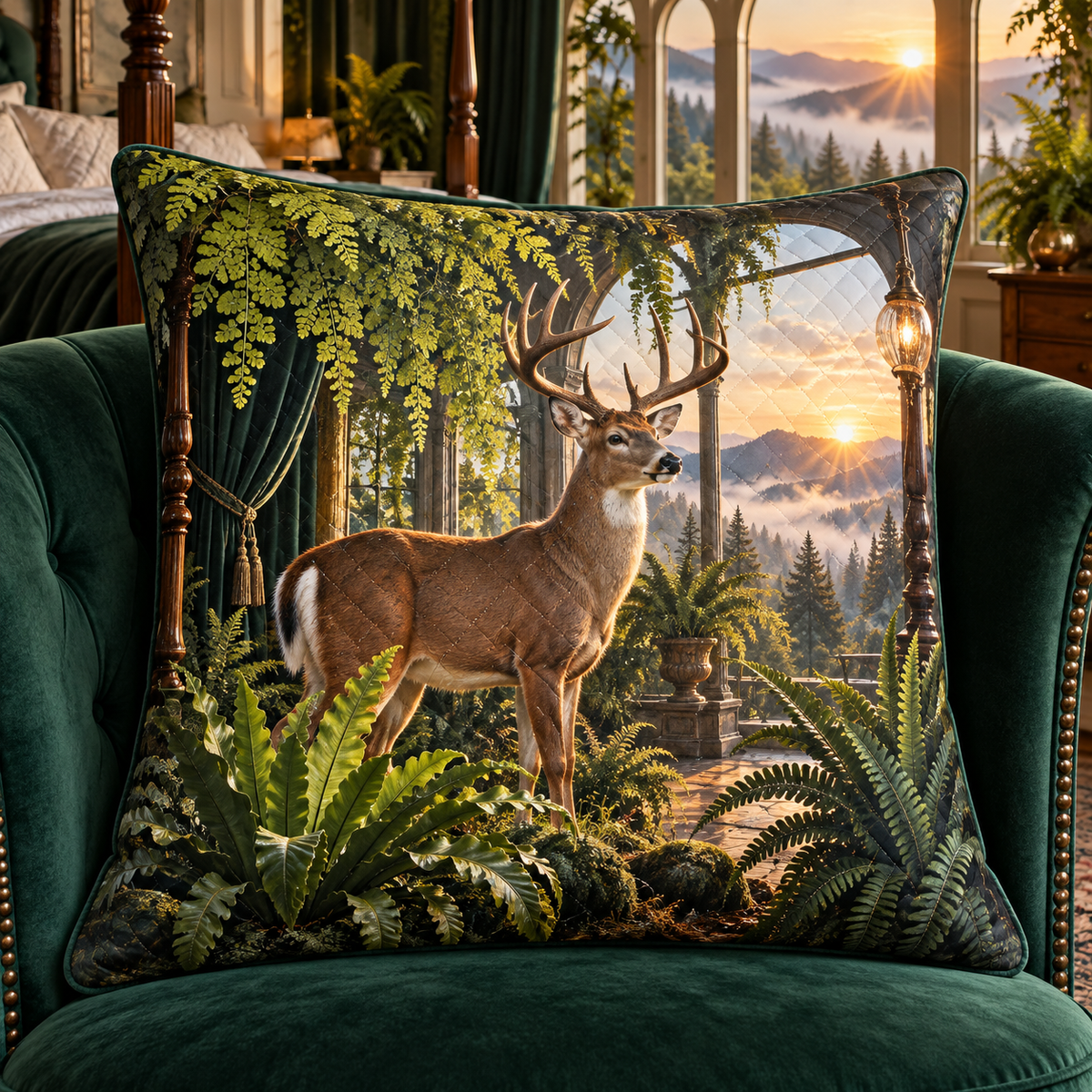Emerald Deer Canopy Suite Quilted Cushion Cover with printed optical 3D artwork in its use setting