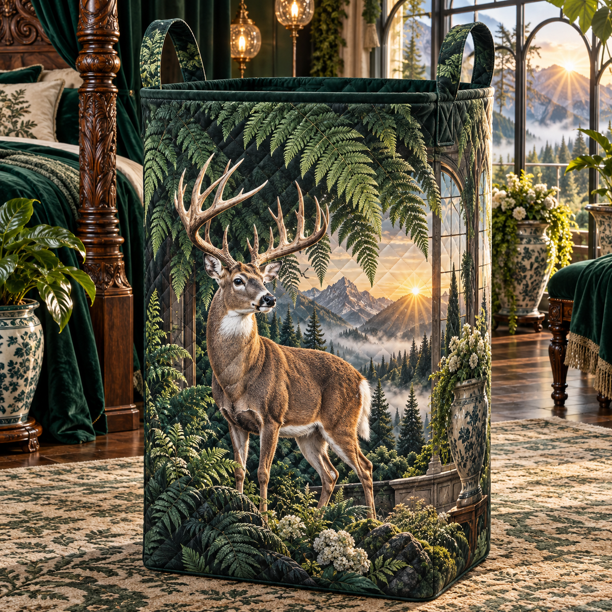 Emerald Deer Canopy Suite Laundry Hamper with printed optical 3D artwork in its use setting