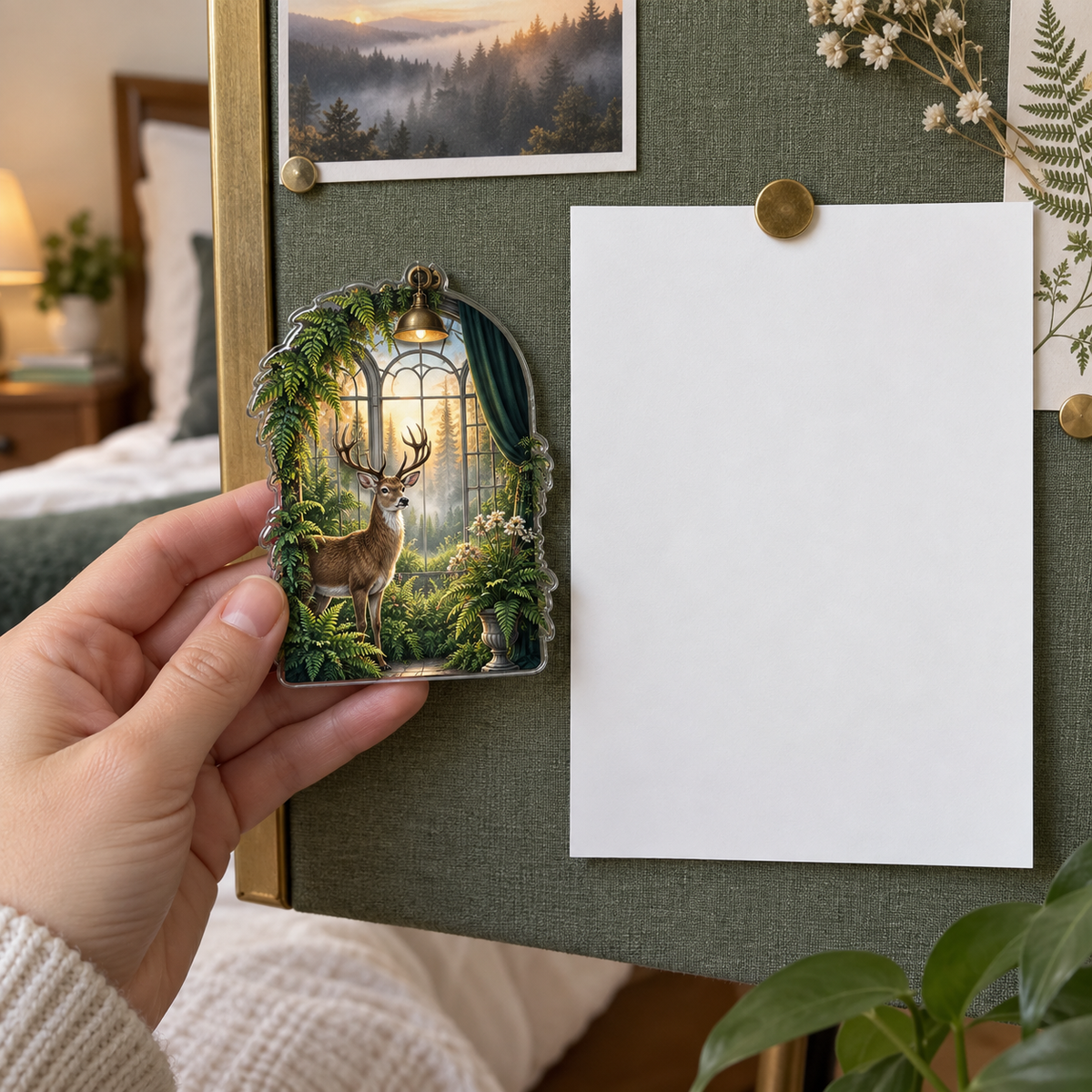 Emerald Deer Canopy Suite Acrylic Refrigerator Magnet with printed optical 3D artwork in its use setting