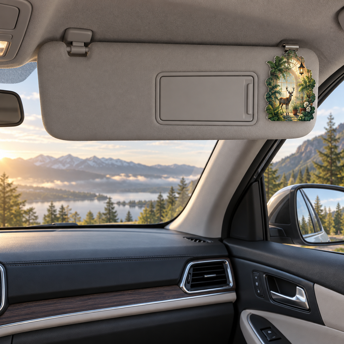 Emerald Deer Canopy Suite Holographic Car Visor Clip with printed optical 3D artwork in its use setting