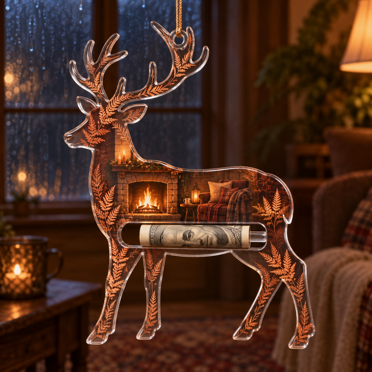 Copper Fern Deer Salon Acrylic Cash Holder Ornament with printed optical 3D artwork in its use setting
