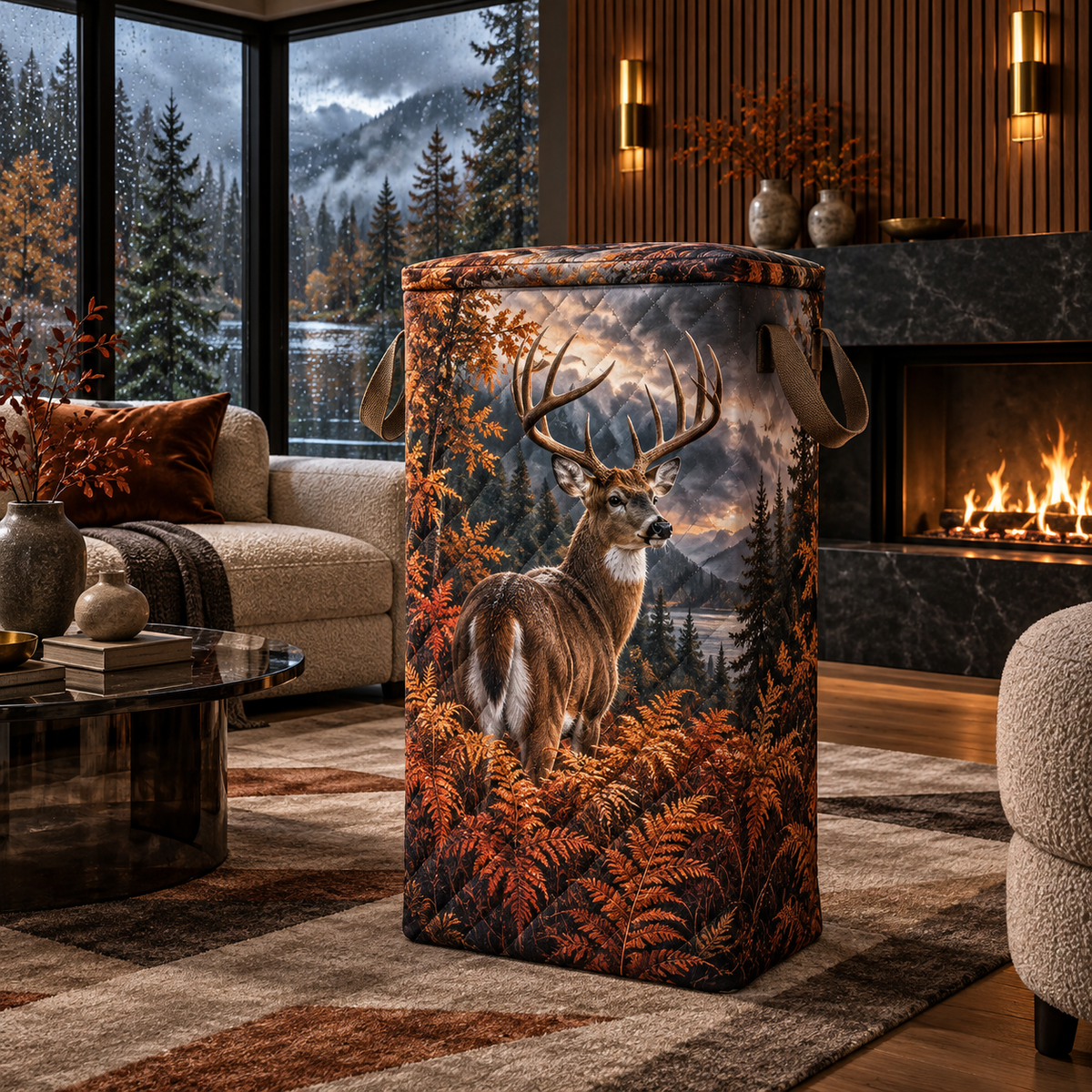 Copper Fern Deer Salon Laundry Hamper with printed optical 3D artwork in its use setting