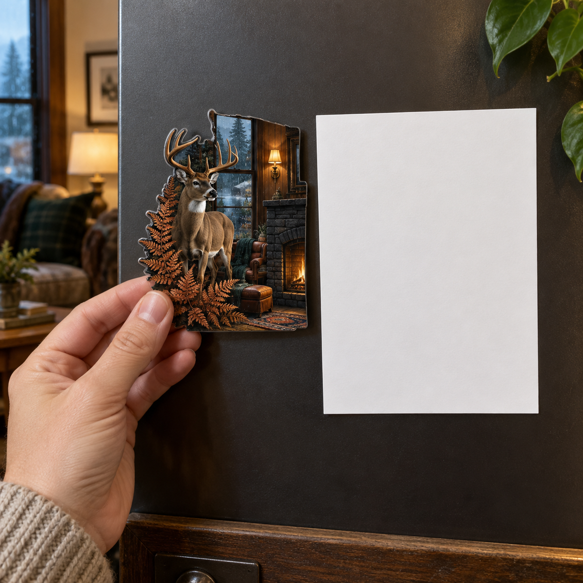 Copper Fern Deer Salon Acrylic Refrigerator Magnet with printed optical 3D artwork in its use setting