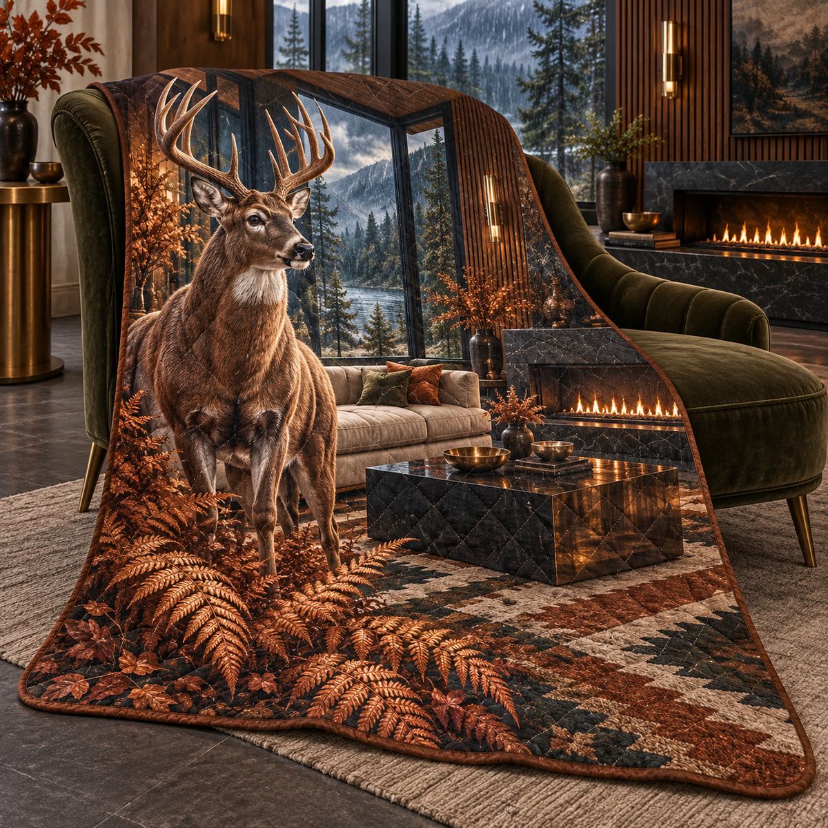 Copper Fern Deer Salon Quilt Blanket with printed optical 3D artwork in its use setting