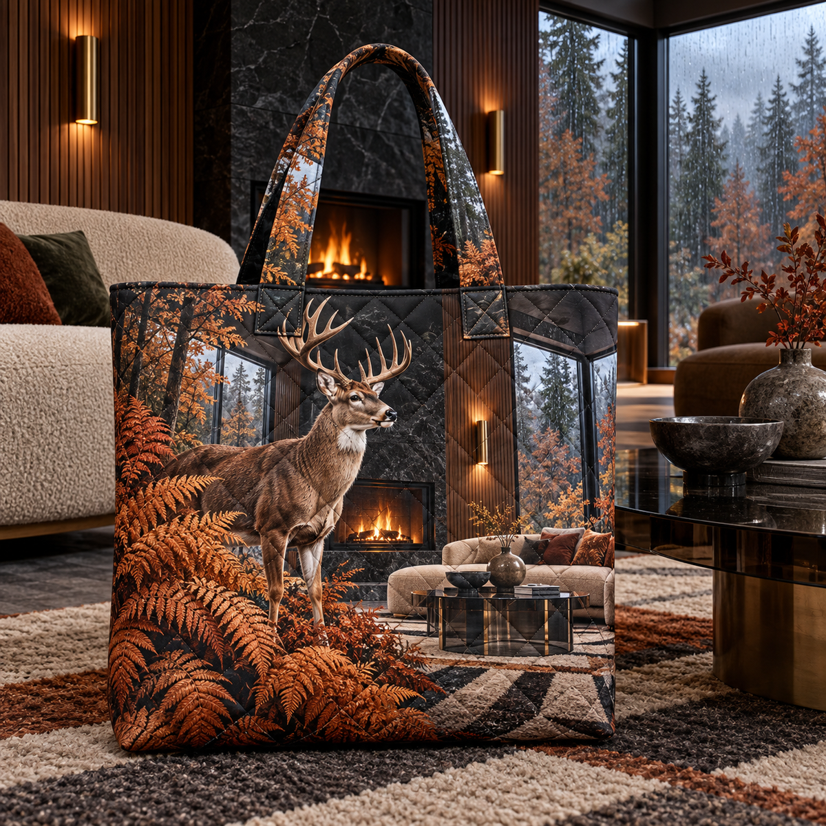 Copper Fern Deer Salon Quilted Tote Bag with printed optical 3D artwork in its use setting
