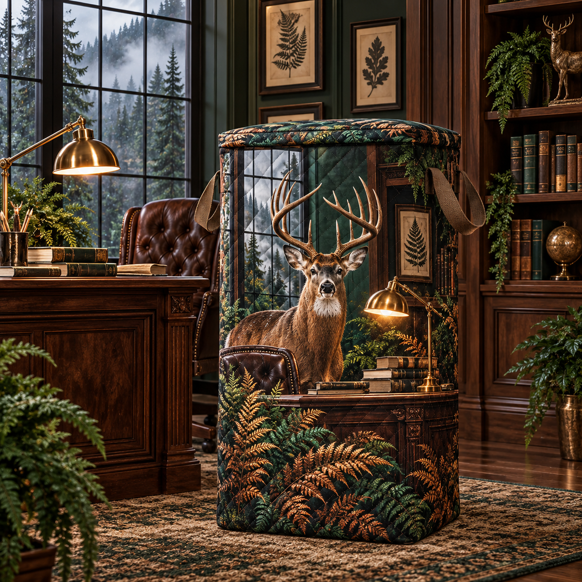 Walnut Fern Deer Study Laundry Hamper with printed optical 3D artwork in its use setting