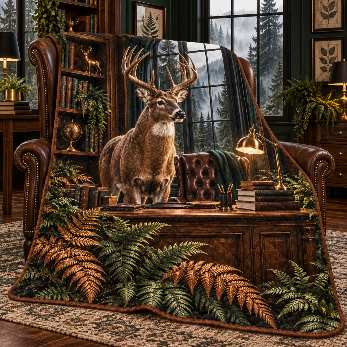 Walnut Fern Deer Study Quilt Blanket with printed optical 3D artwork in its use setting