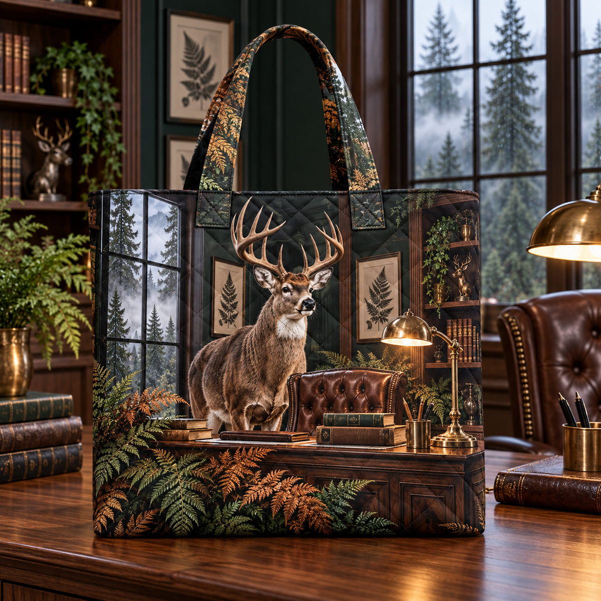 Walnut Fern Deer Study Quilted Tote Bag with printed optical 3D artwork in its use setting