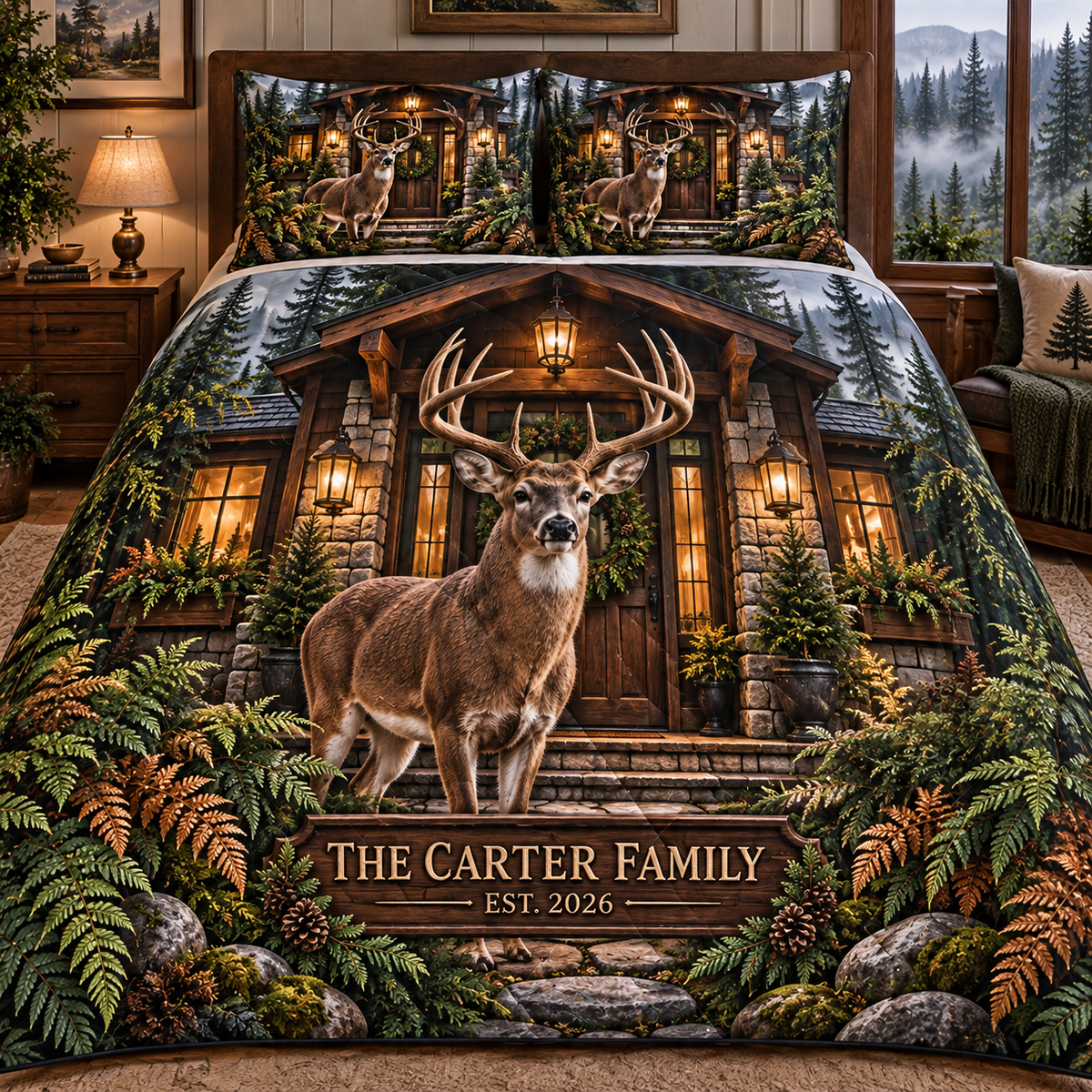 Evergreen Deer Welcome Grove Quilted Bedding Set with printed optical 3D artwork in its use setting