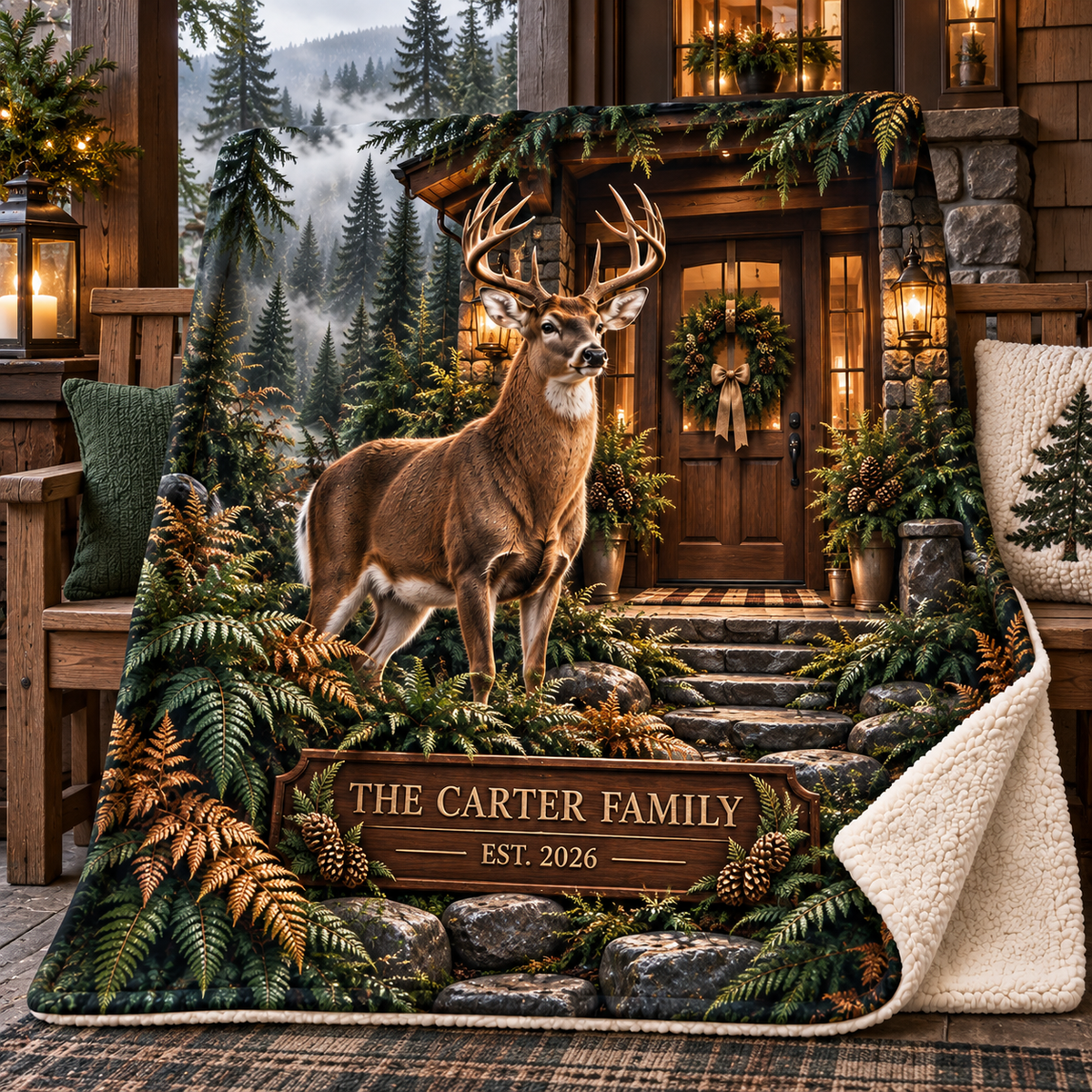 Evergreen Deer Welcome Grove Sherpa & Fleece Blanket with printed optical 3D artwork in its use setting