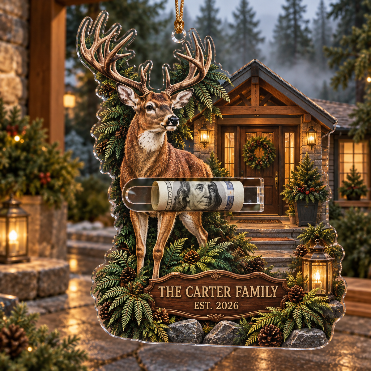 Evergreen Deer Welcome Grove Acrylic Cash Holder Ornament with printed optical 3D artwork in its use setting