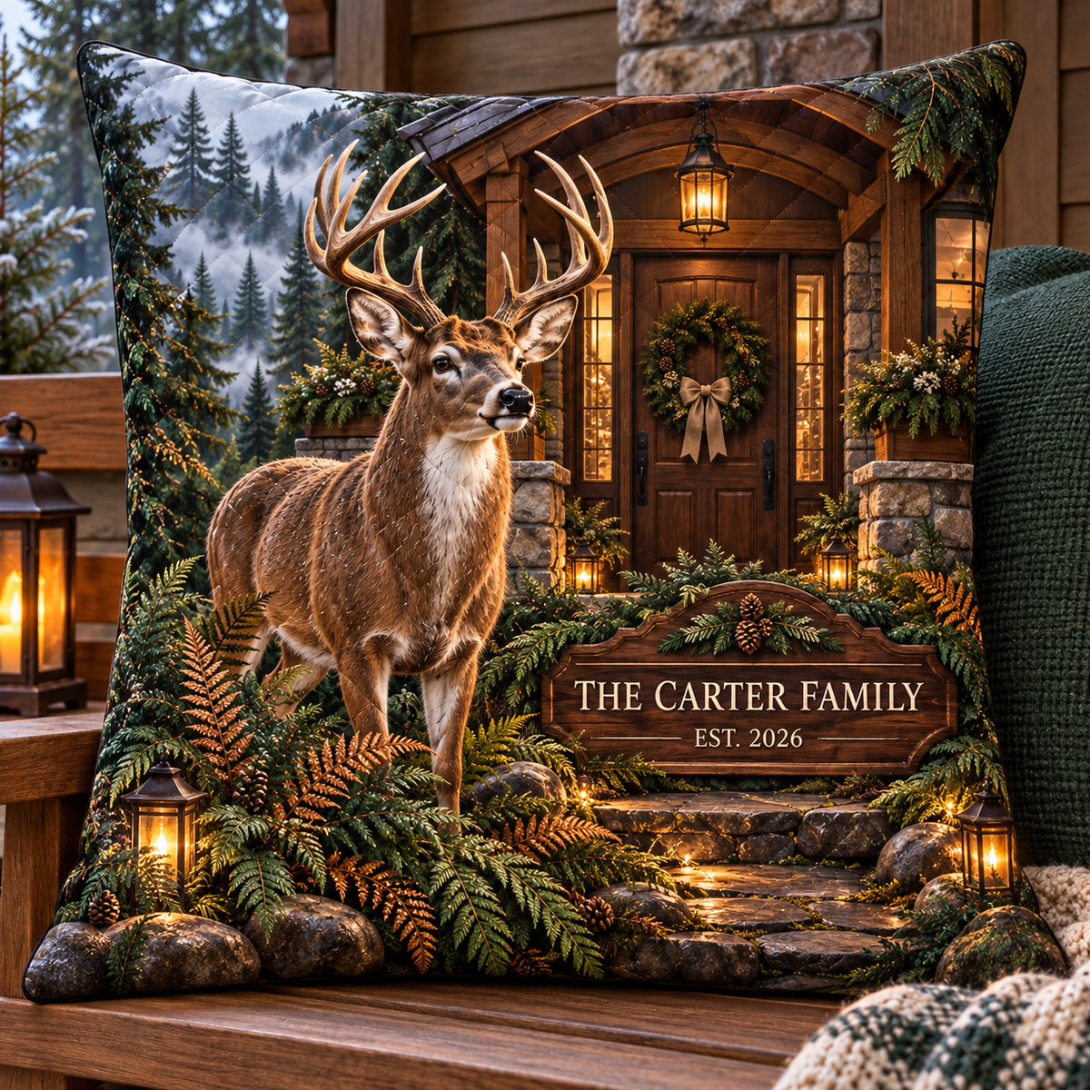 Evergreen Deer Welcome Grove Quilted Cushion Cover with printed optical 3D artwork in its use setting