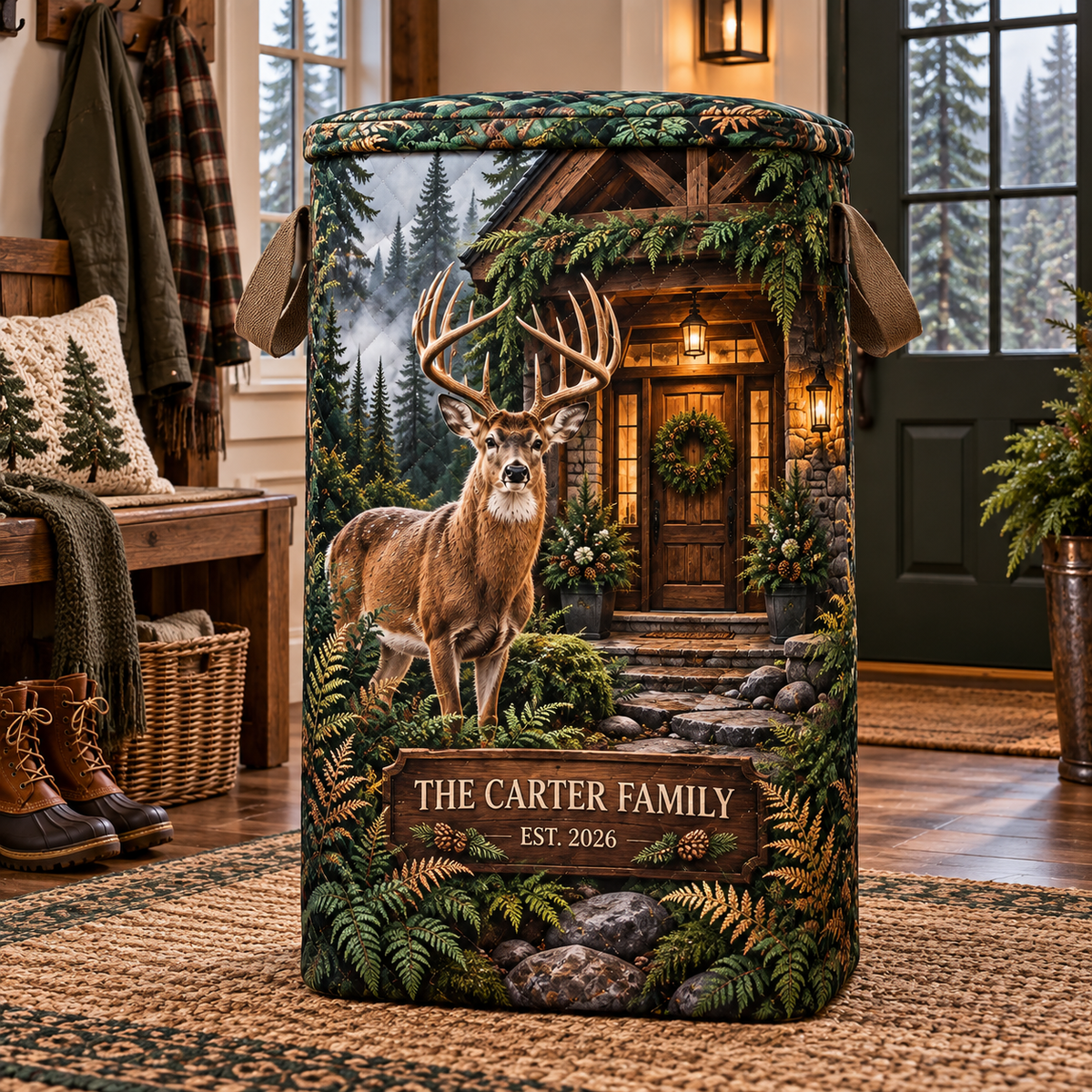 Evergreen Deer Welcome Grove Laundry Hamper with printed optical 3D artwork in its use setting
