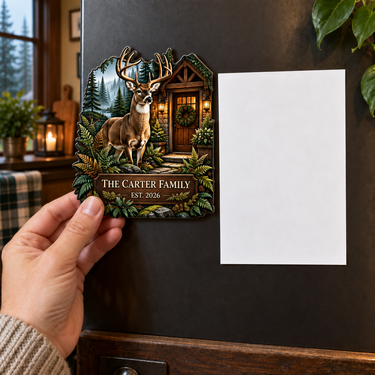 Evergreen Deer Welcome Grove Acrylic Refrigerator Magnet with printed optical 3D artwork in its use setting