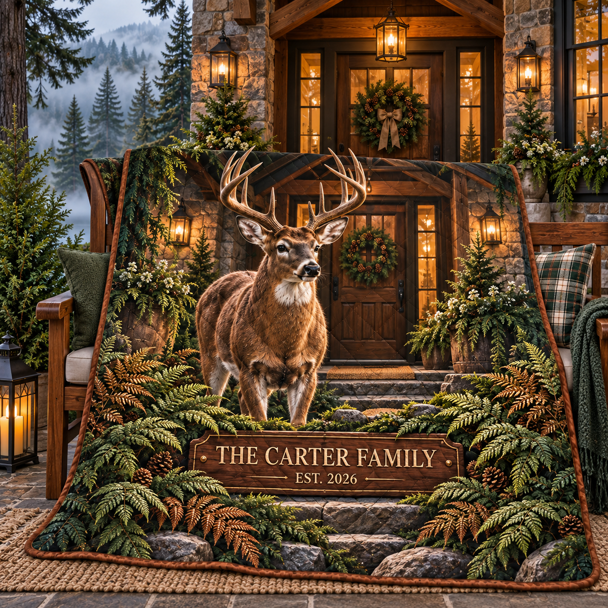 Evergreen Deer Welcome Grove Quilt Blanket with printed optical 3D artwork in its use setting