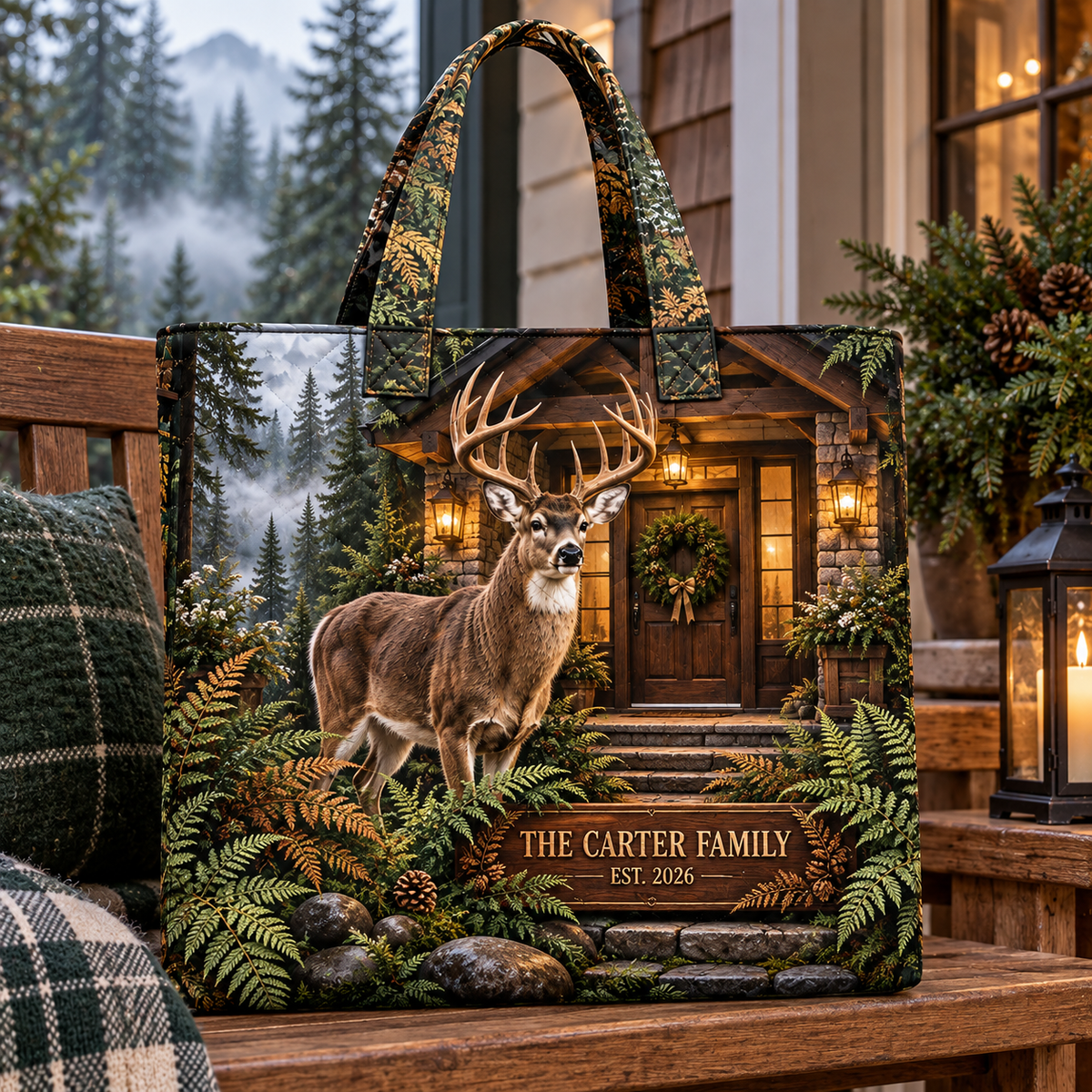 Evergreen Deer Welcome Grove Quilted Tote Bag with printed optical 3D artwork in its use setting