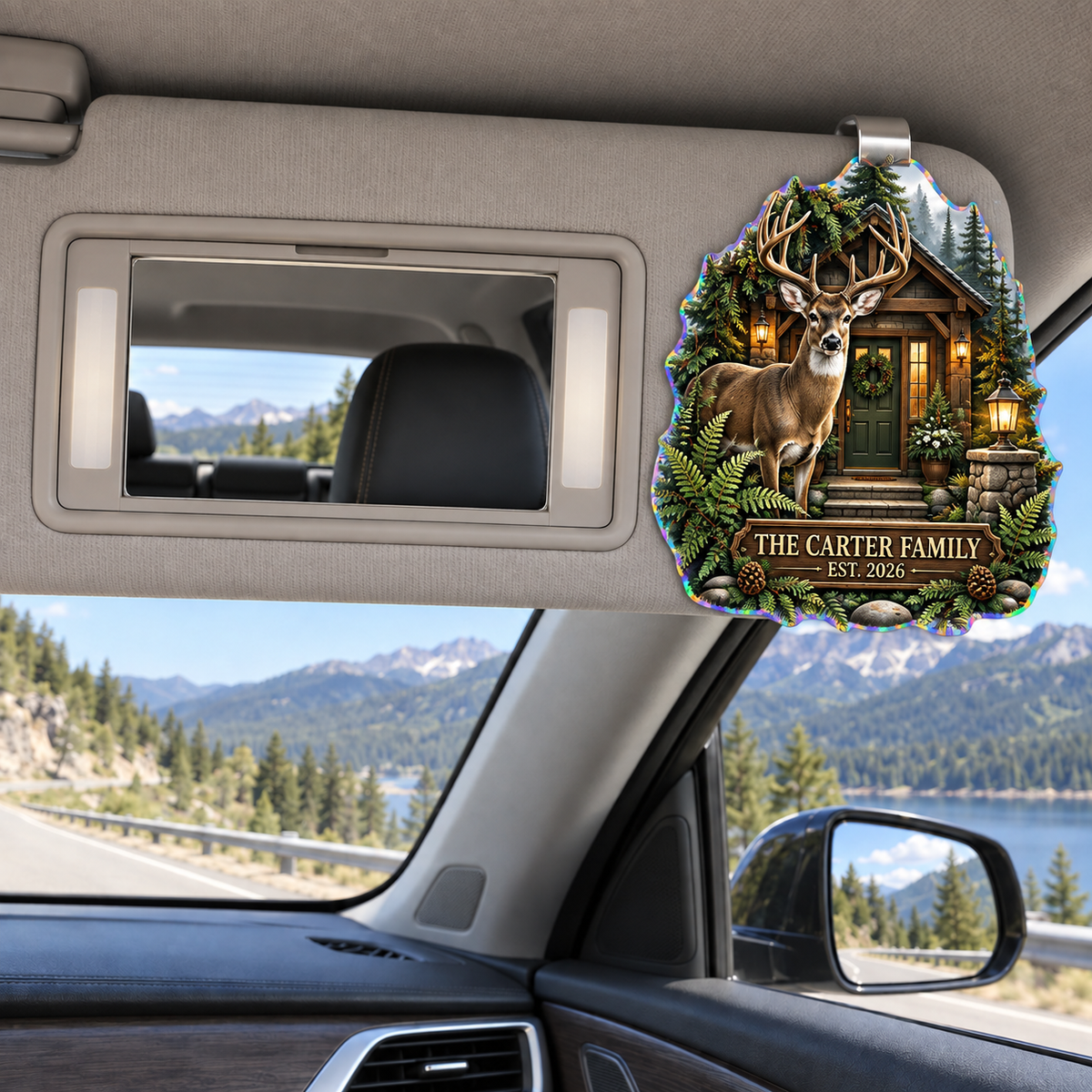 Evergreen Deer Welcome Grove Holographic Car Visor Clip with printed optical 3D artwork in its use setting