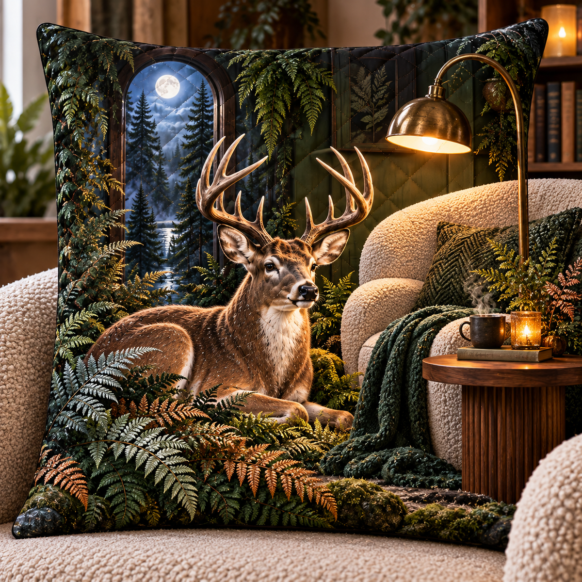 Moonlit Fern Deer Nook Quilted Cushion Cover with printed optical 3D artwork in its use setting