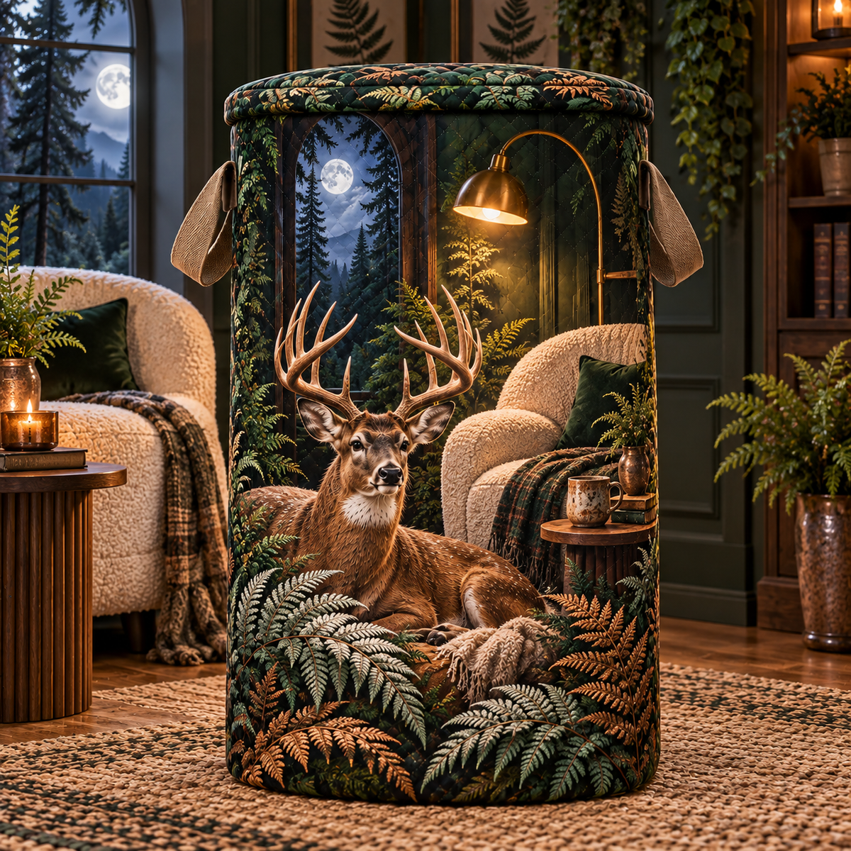 Moonlit Fern Deer Nook Laundry Hamper with printed optical 3D artwork in its use setting