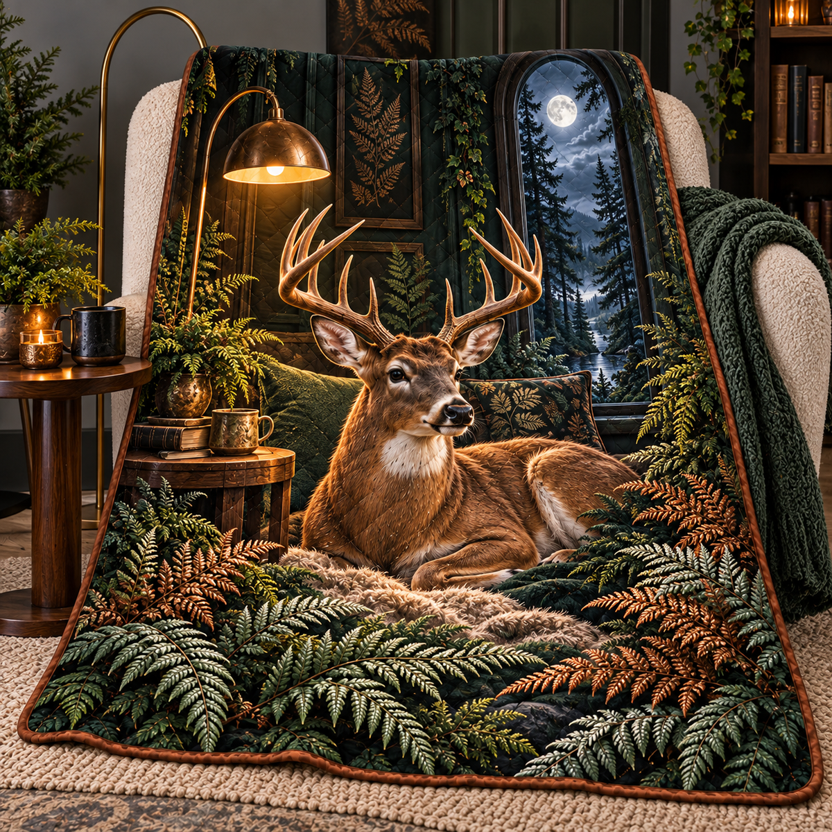 Moonlit Fern Deer Nook Quilt Blanket with printed optical 3D artwork in its use setting