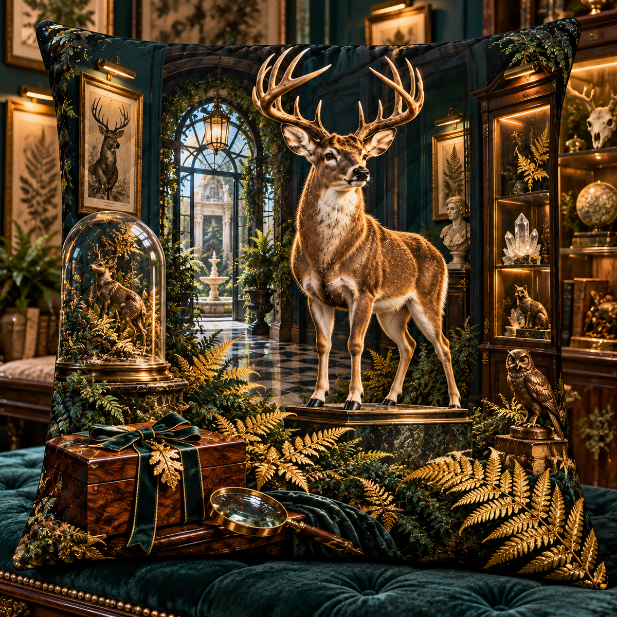 Gilded Fern Deer Gallery Quilted Cushion Cover with printed optical 3D artwork in its use setting
