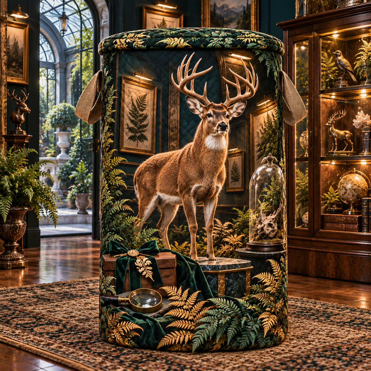 Gilded Fern Deer Gallery Laundry Hamper with printed optical 3D artwork in its use setting