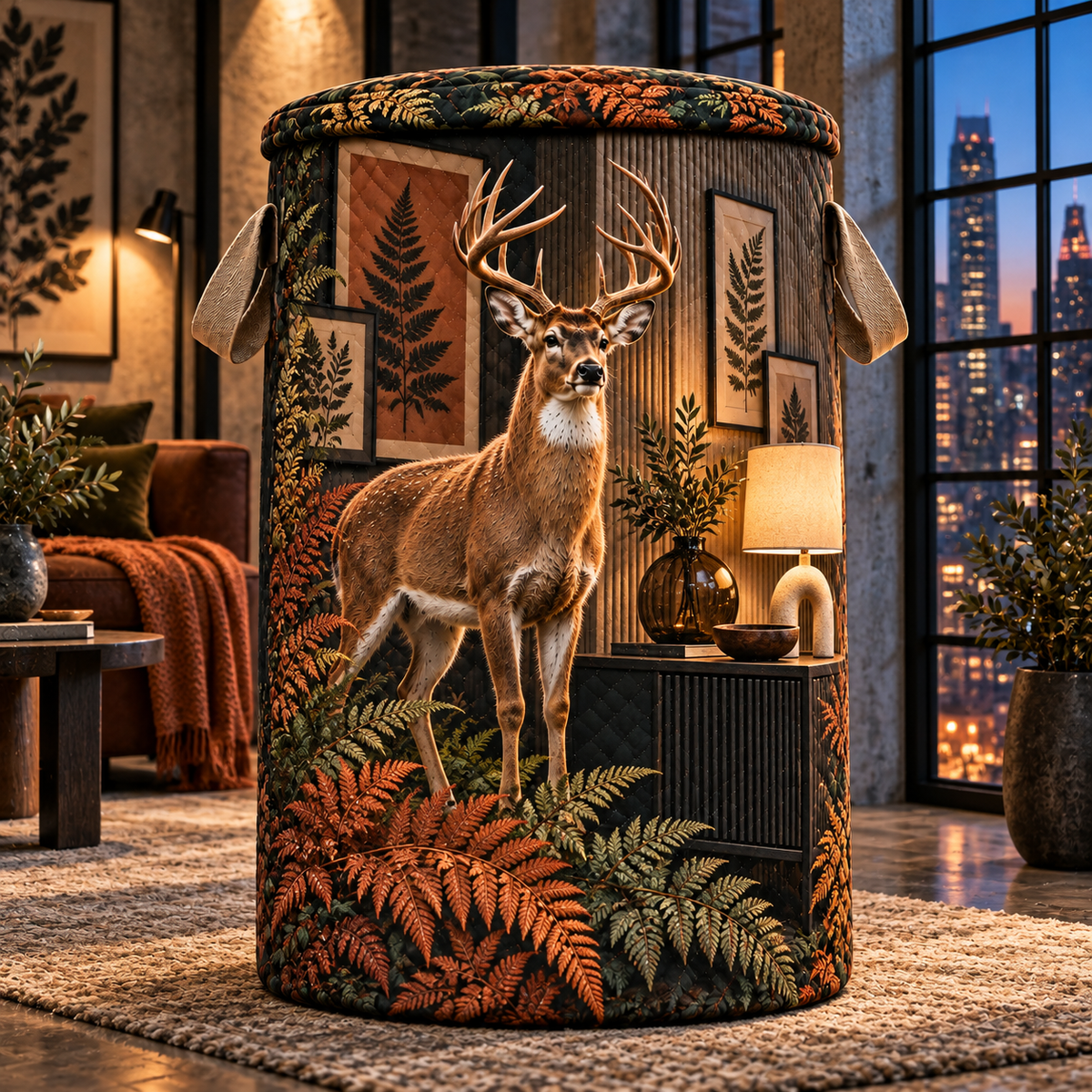 Terracotta Fern Deer Loft Laundry Hamper with printed optical 3D artwork in its use setting