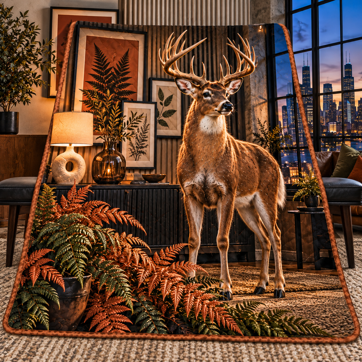 Terracotta Fern Deer Loft Quilt Blanket with printed optical 3D artwork in its use setting