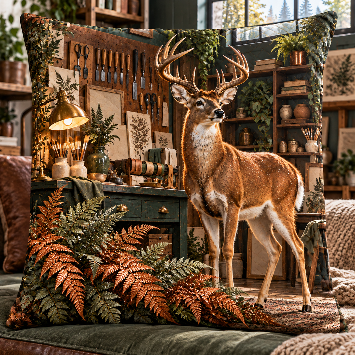 Copper Fern Deer Atelier Quilted Cushion Cover with printed optical 3D artwork in its use setting