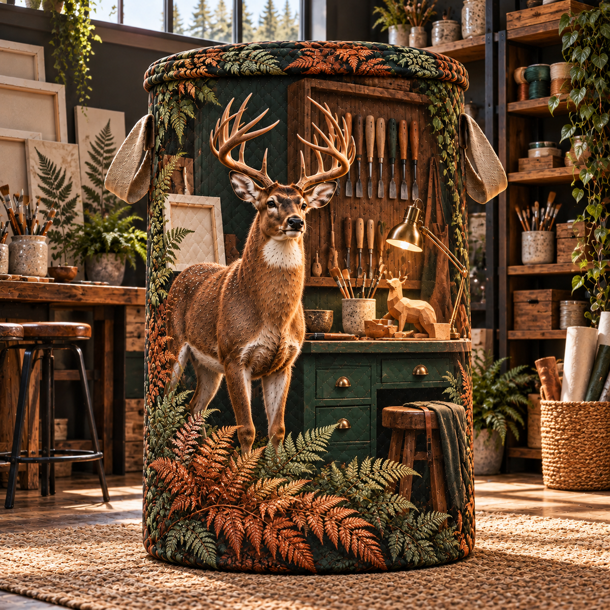 Copper Fern Deer Atelier Laundry Hamper with printed optical 3D artwork in its use setting