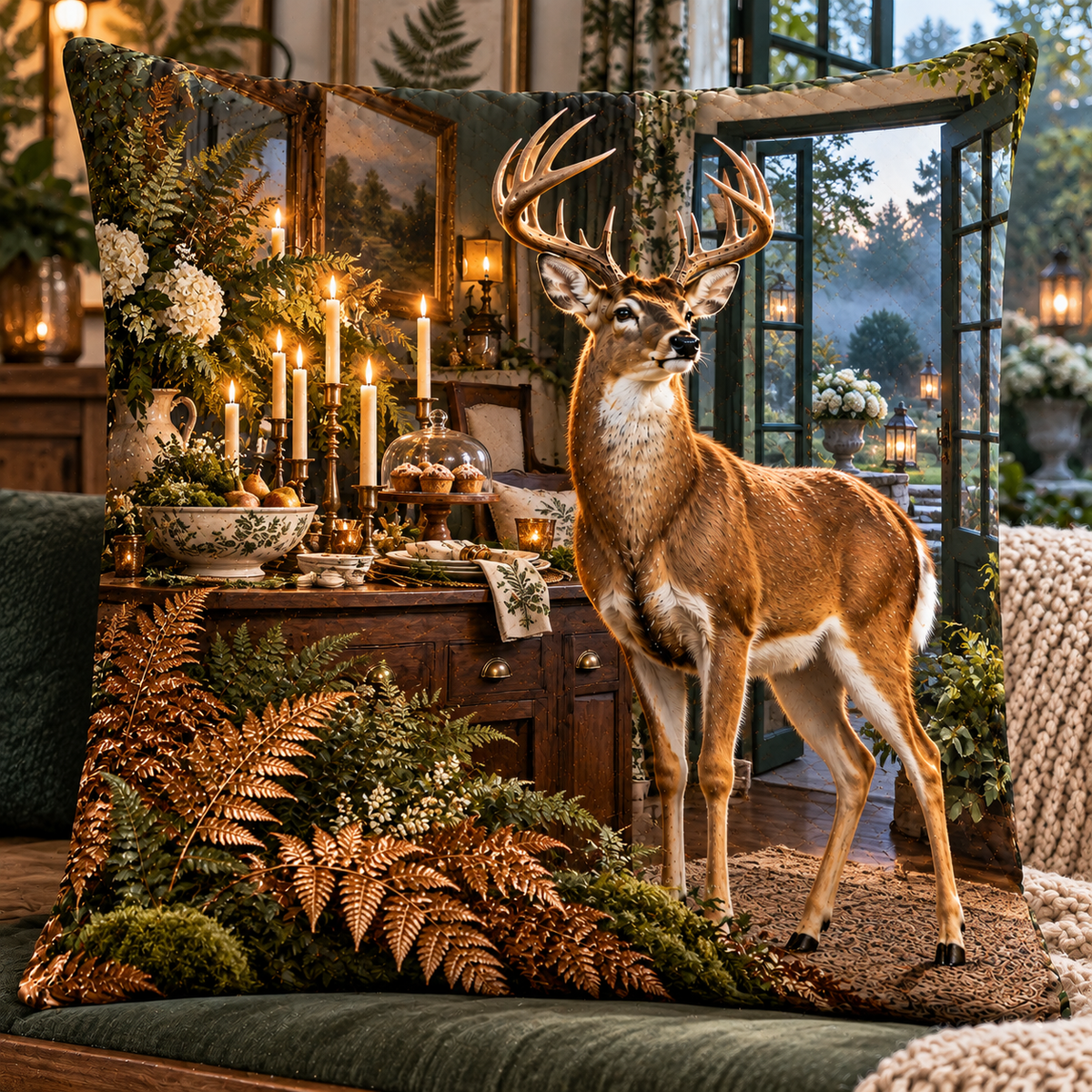 Candlelit Fern Deer Welcome Quilted Cushion Cover with printed optical 3D artwork in its use setting