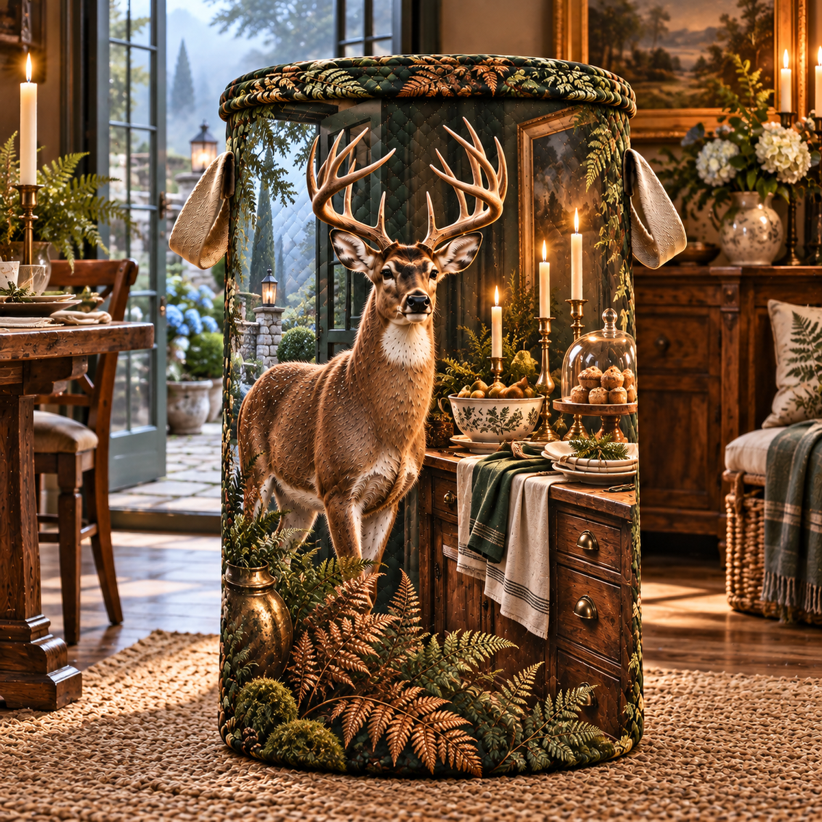 Candlelit Fern Deer Welcome Laundry Hamper with printed optical 3D artwork in its use setting