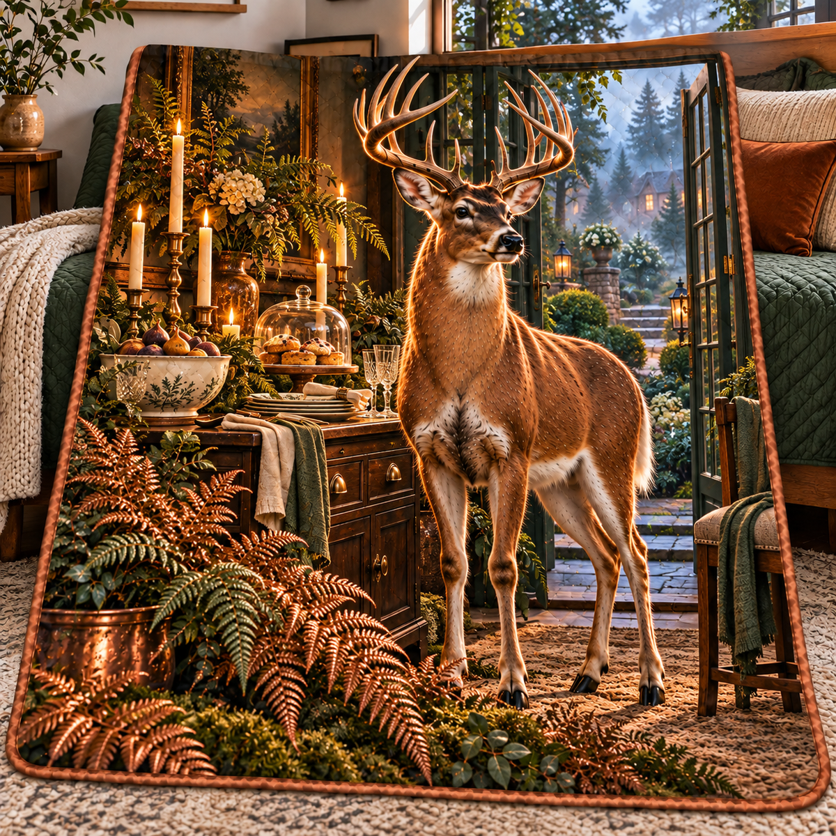 Candlelit Fern Deer Welcome Quilt Blanket with printed optical 3D artwork in its use setting