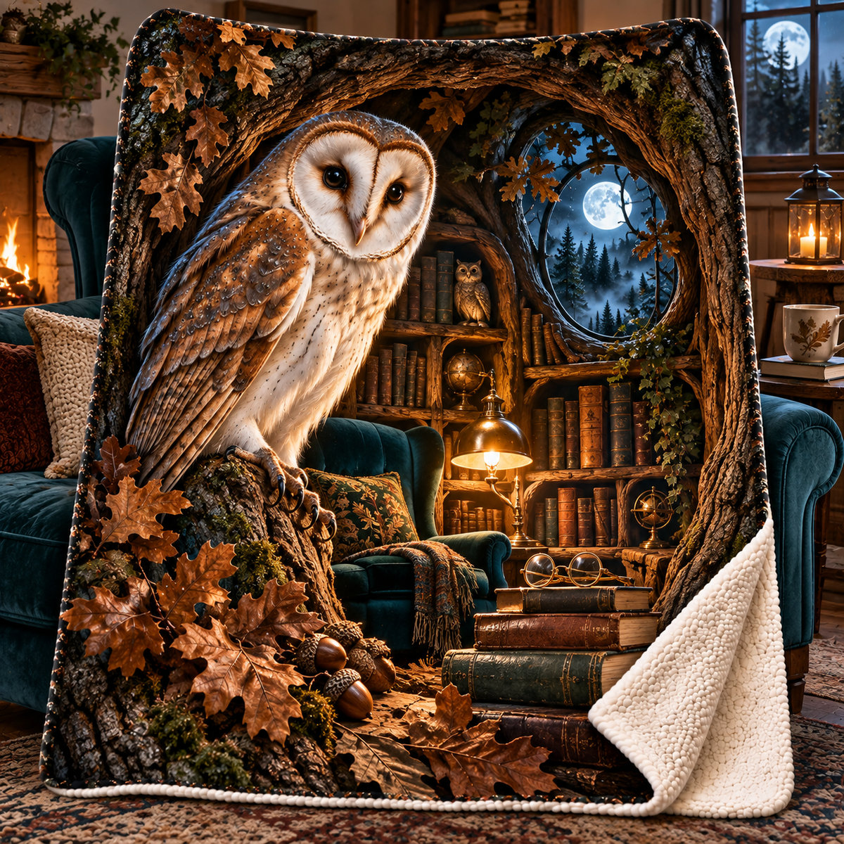 Moonlit Oak Owl Library Sherpa & Fleece Blanket with printed optical 3D artwork in its use setting