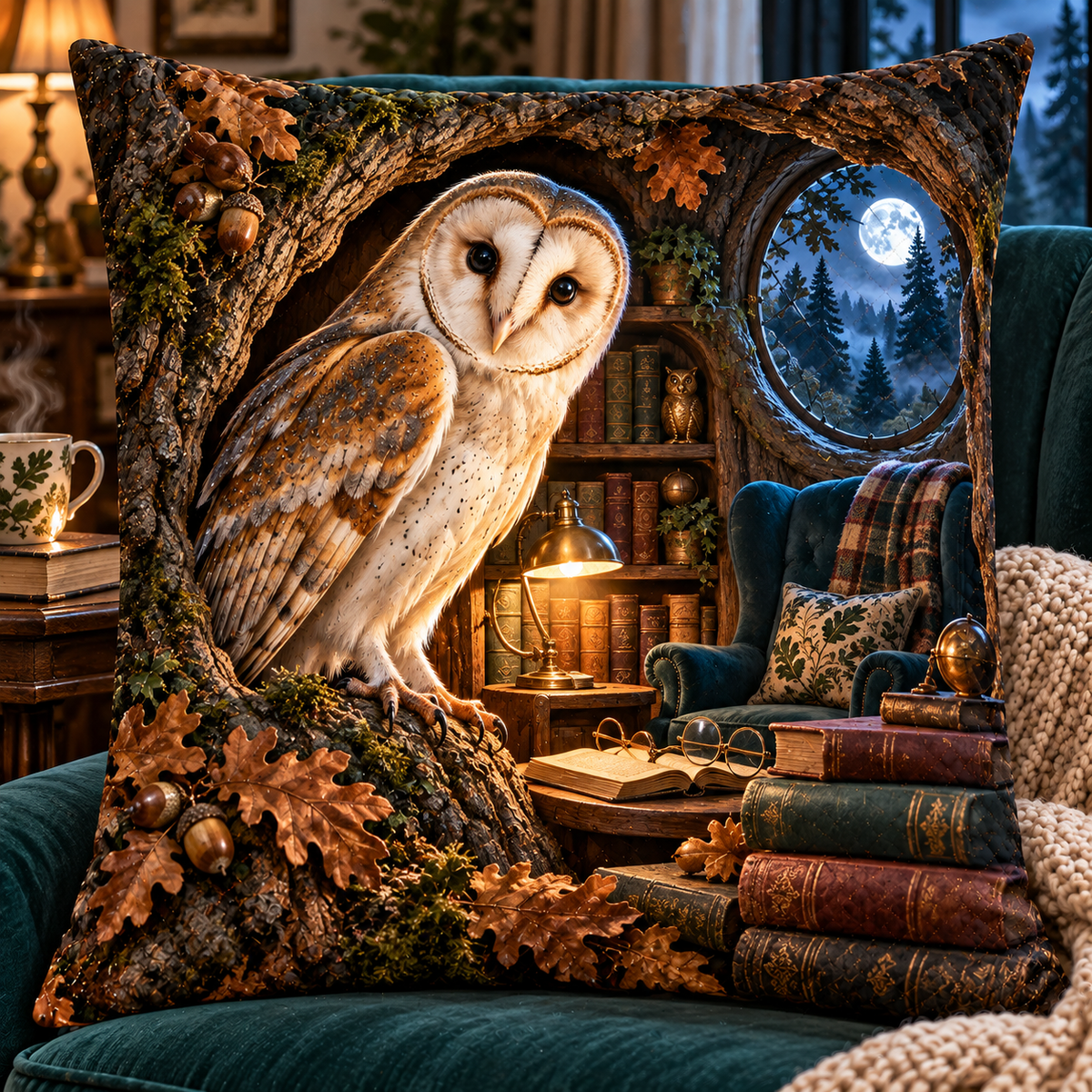 Moonlit Oak Owl Library Quilted Cushion Cover with printed optical 3D artwork in its use setting