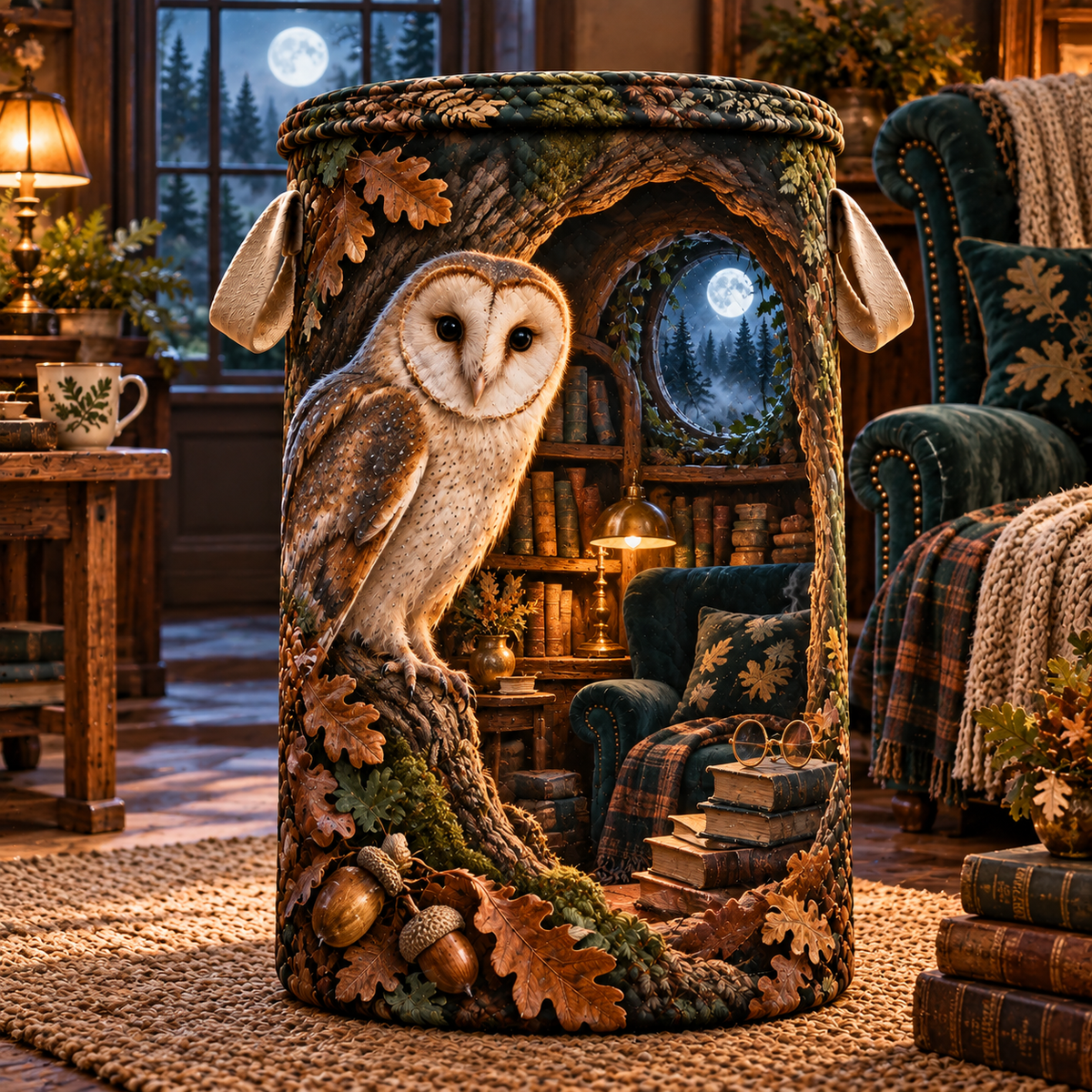 Moonlit Oak Owl Library Laundry Hamper with printed optical 3D artwork in its use setting