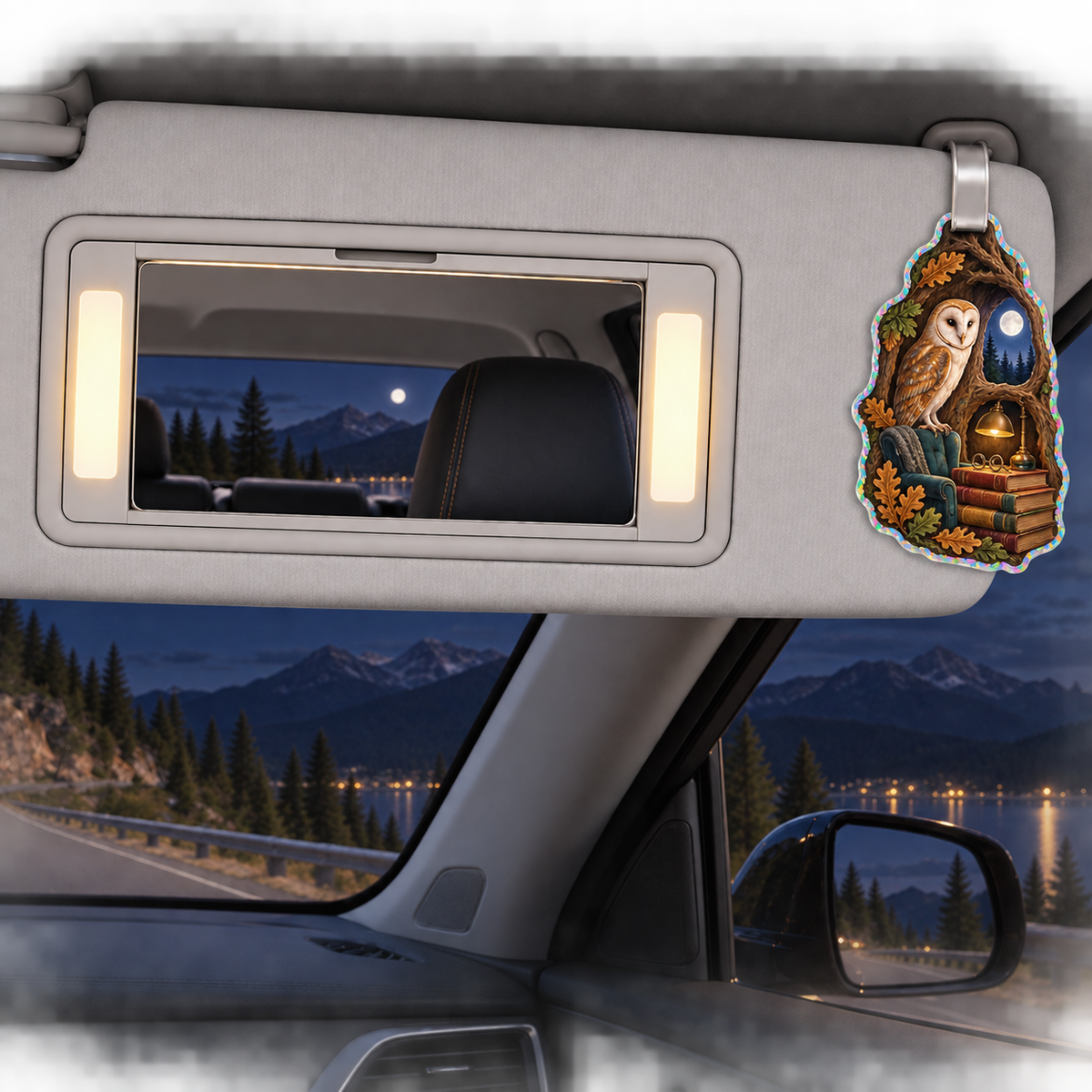 Moonlit Oak Owl Library Holographic Car Visor Clip with printed optical 3D artwork in its use setting