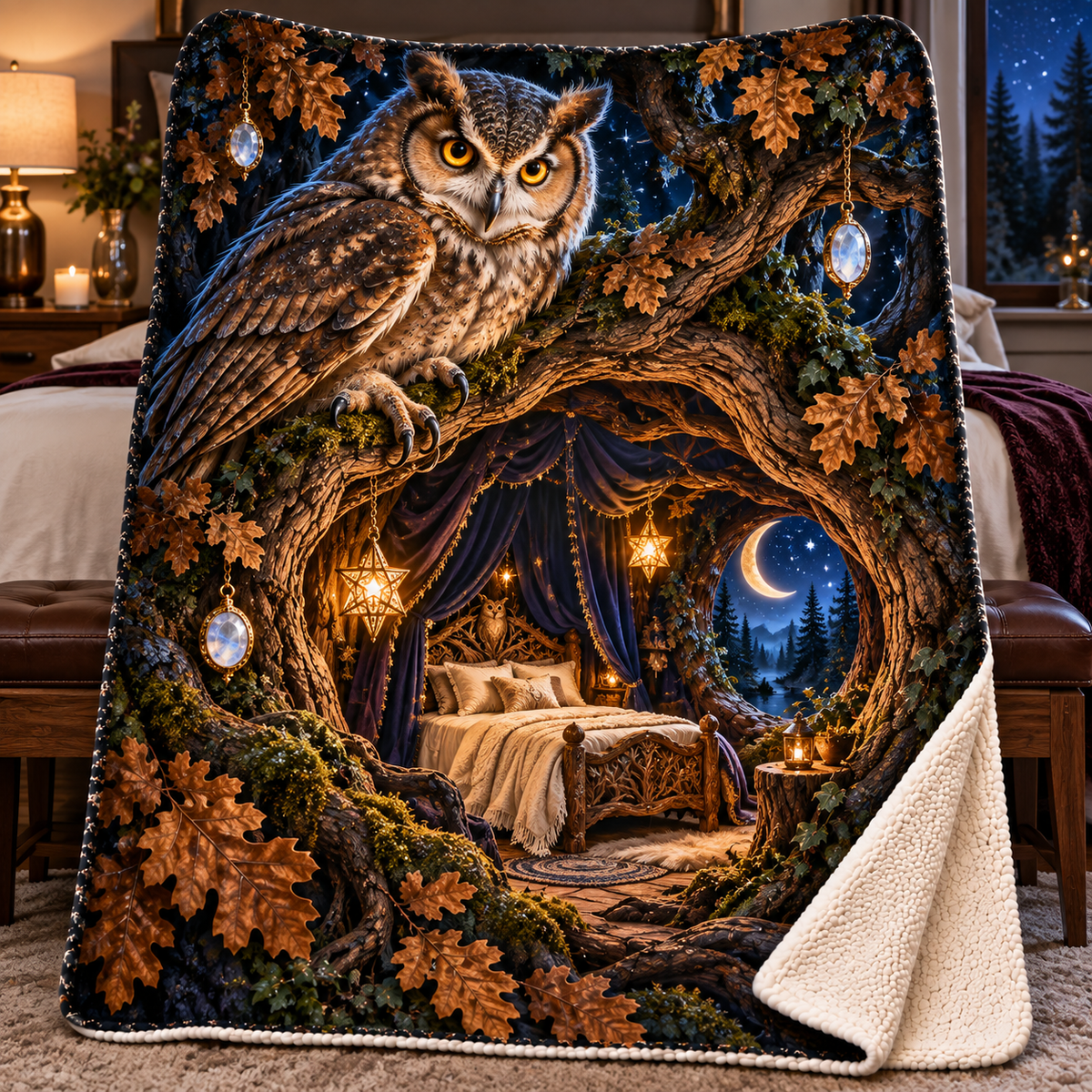 Starlit Owl Hollow Canopy Sherpa & Fleece Blanket with printed optical 3D artwork in its use setting