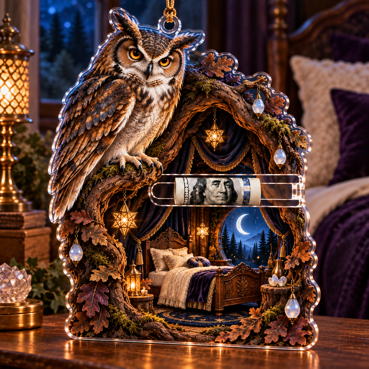 Starlit Owl Hollow Canopy Acrylic Cash Holder Ornament with printed optical 3D artwork in its use setting