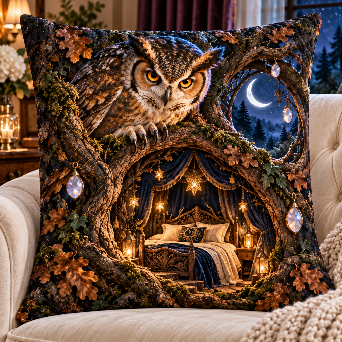 Starlit Owl Hollow Canopy Quilted Cushion Cover with printed optical 3D artwork in its use setting