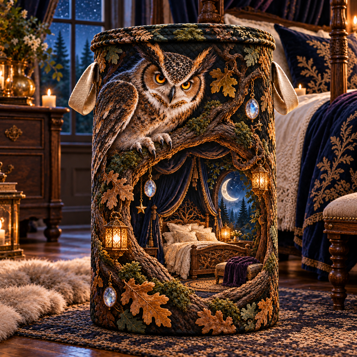 Starlit Owl Hollow Canopy Laundry Hamper with printed optical 3D artwork in its use setting