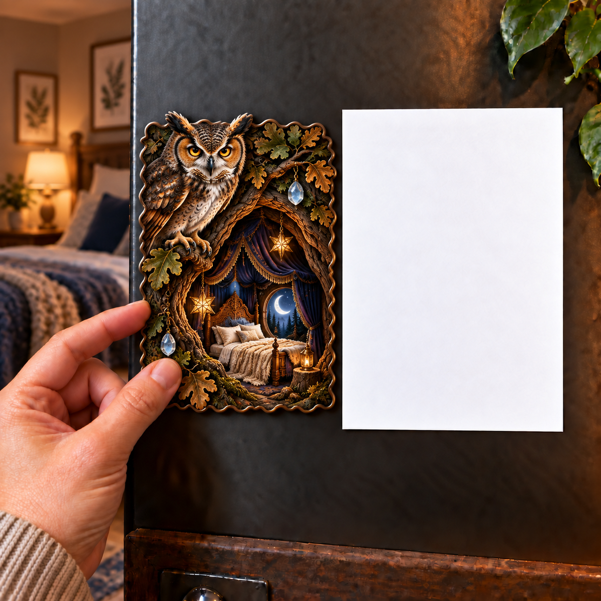 Starlit Owl Hollow Canopy Acrylic Refrigerator Magnet with printed optical 3D artwork in its use setting