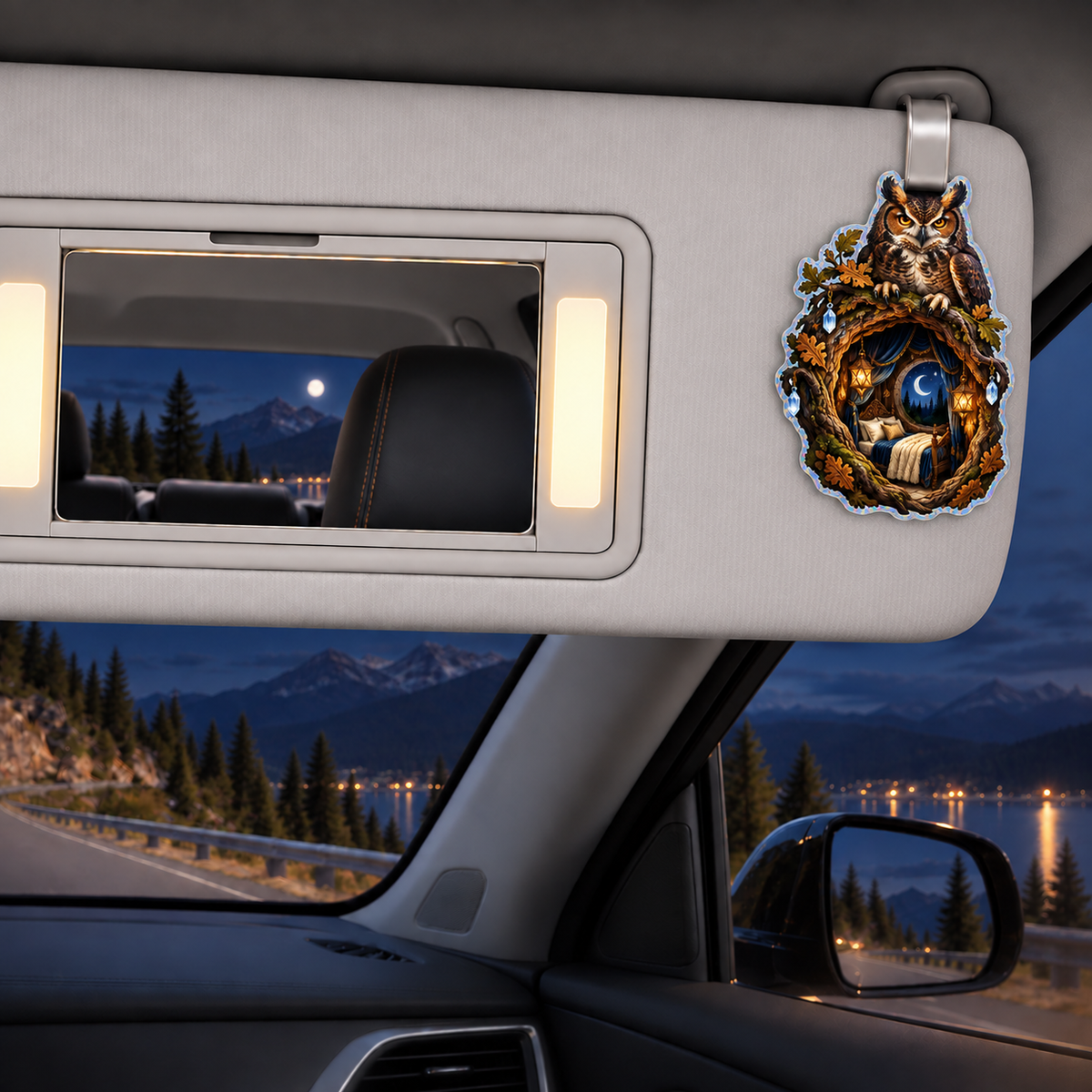 Starlit Owl Hollow Canopy Holographic Car Visor Clip with printed optical 3D artwork in its use setting