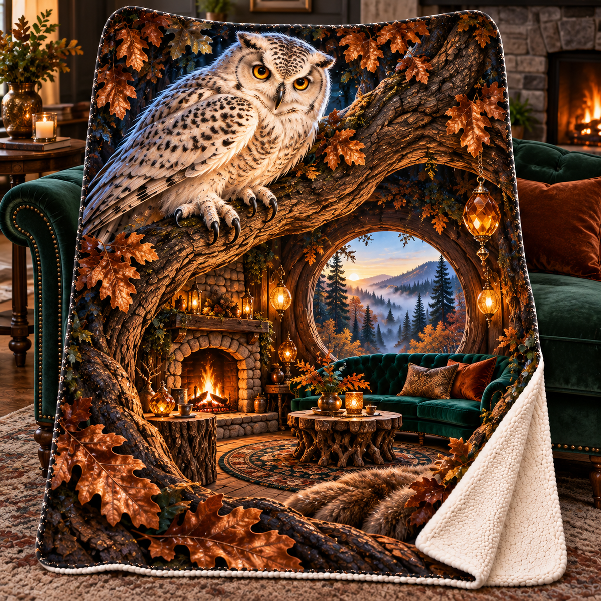Emberlight Owl Hollow Hearth Sherpa & Fleece Blanket with printed optical 3D artwork in its use setting