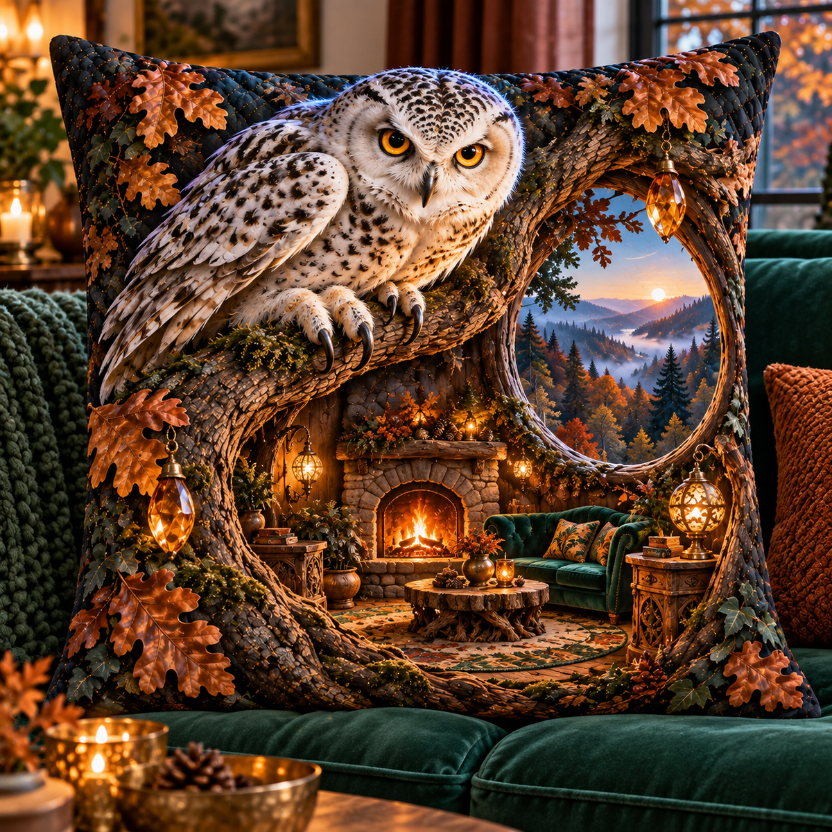 Emberlight Owl Hollow Hearth Quilted Cushion Cover with printed optical 3D artwork in its use setting