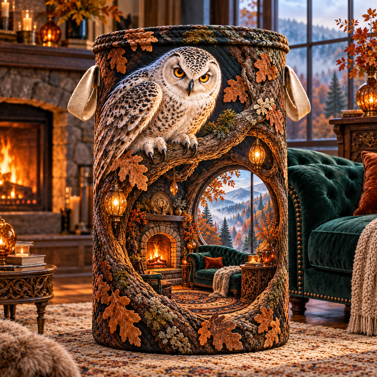 Emberlight Owl Hollow Hearth Laundry Hamper with printed optical 3D artwork in its use setting